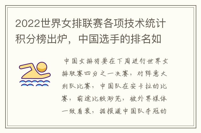 2022世界女排联赛各项技术统计积分榜出炉,中国选手的排名如何?