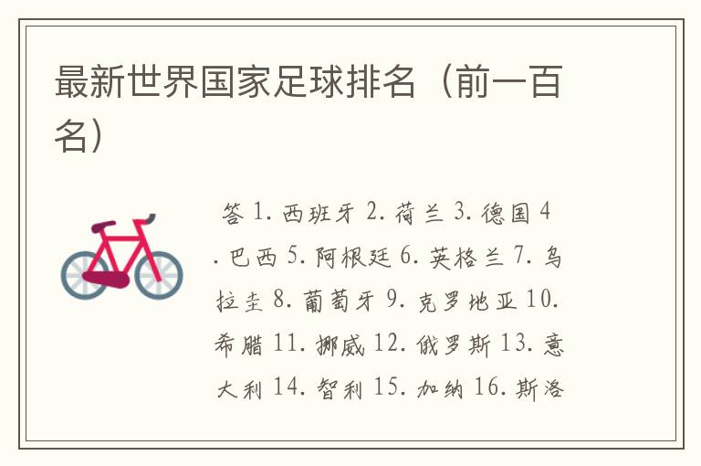 最新世界国家足球排名(前一百名)