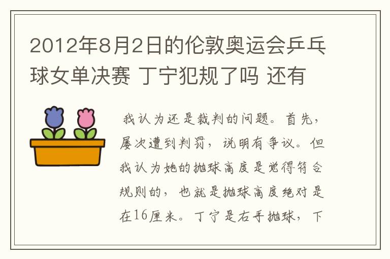2012年8月2日的伦敦奥运会乒乓球女单决赛 丁宁犯规了吗 还有奥运会上的裁判胡乱判罚没有任何惩罚的吗?