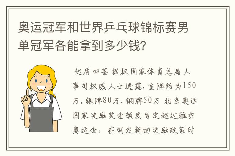 奥运冠军和世界乒乓球锦标赛男单冠军各能拿到多少钱?