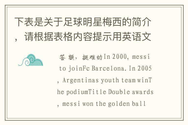 下表是关于足球明星梅西的简介,请根据表格内容提示用英语文章。词数要求30左右