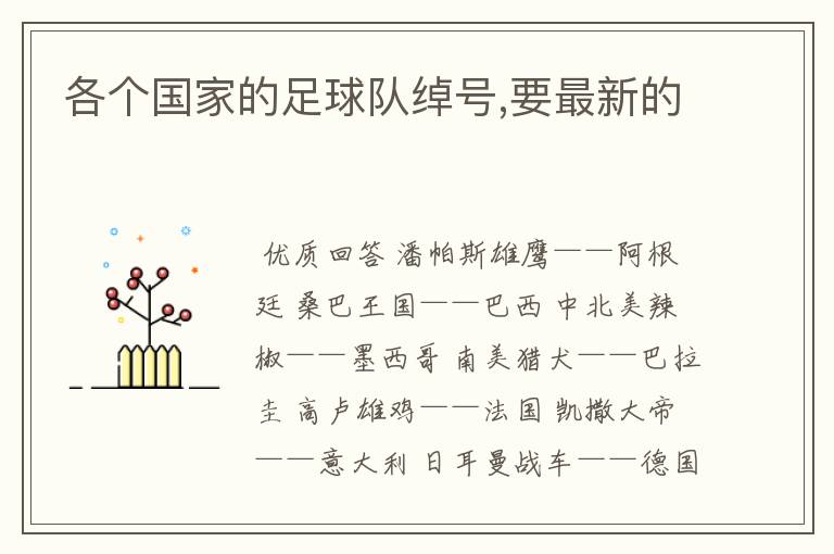 各个国家的足球队绰号,要最新的