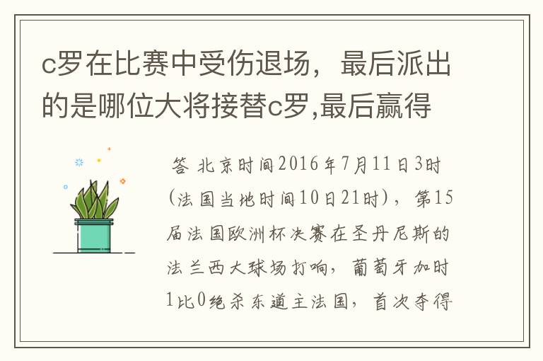 c罗在比赛中受伤退场,最后派出的是哪位大将接替c罗,最后赢得冠军?