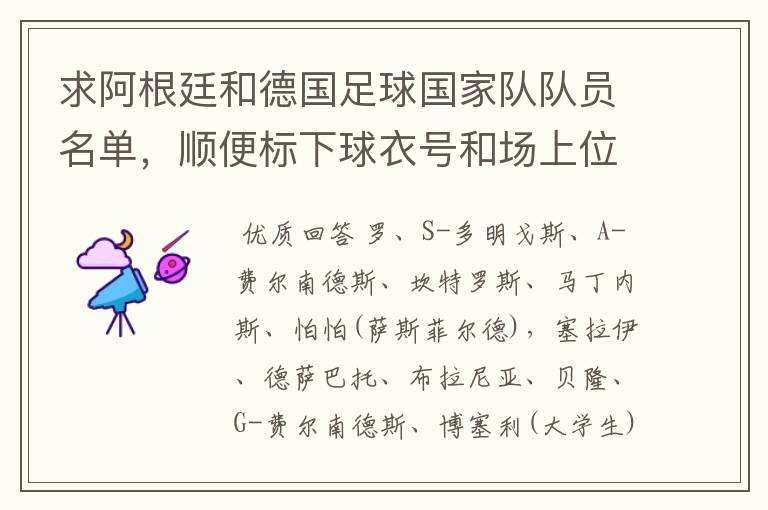 求阿根廷和德国足球国家队队员名单,顺便标下球衣号和场上位置。