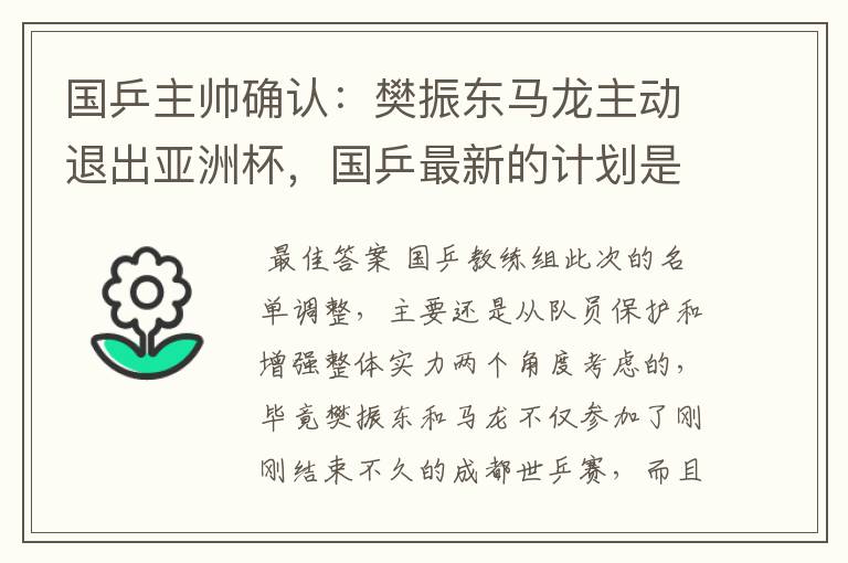 国乒主帅确认:樊振东马龙主动退出亚洲杯,国乒最新的计划是什么呢?