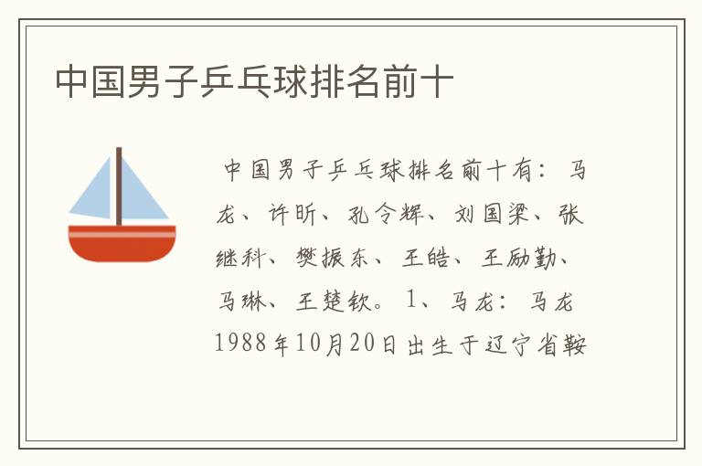 中国男子乒乓球排名前十