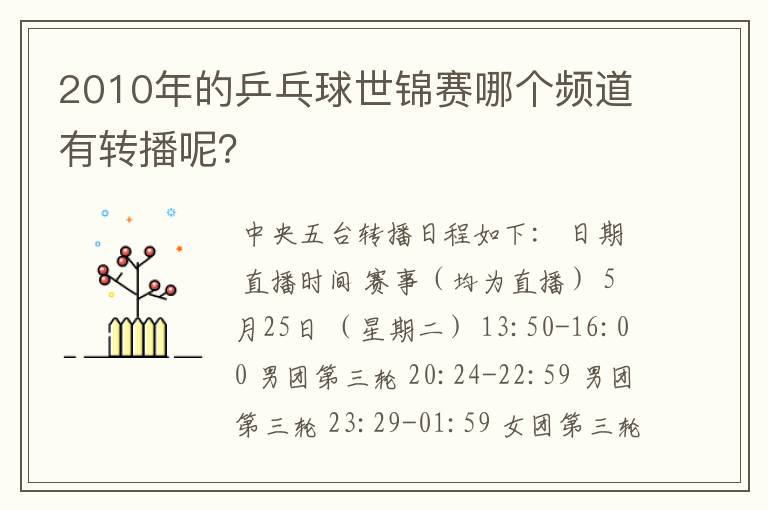 2010年的乒乓球世锦赛哪个频道有转播呢?