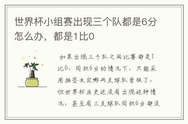 世界杯小组赛出现三个队都是6分怎么办,都是1比0