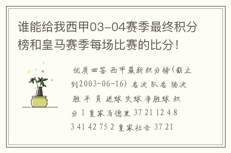 谁能给我西甲03-04赛季最终积分榜和皇马赛季每场比赛的比分!