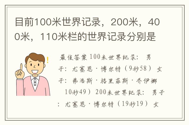 目前100米世界记录,200米,400米,110米栏的世界记录分别是多少,由谁保持?