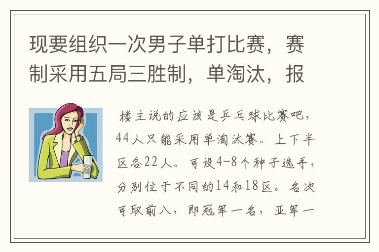 现要组织一次男子单打比赛,赛制采用五局三胜制,单淘汰,报名人数44人。比赛如何编排?
