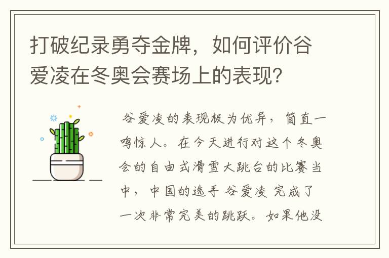打破纪录勇夺金牌,如何评价谷爱凌在冬奥会赛场上的表现?