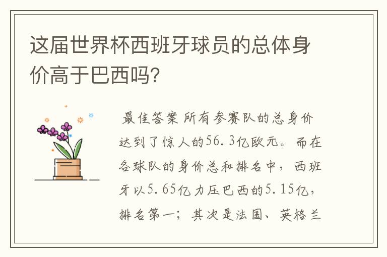 这届世界杯西班牙球员的总体身价高于巴西吗?