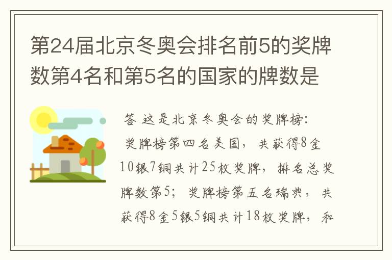 第24届北京冬奥会排名前5的奖牌数第4名和第5名的国家的牌数是多少?