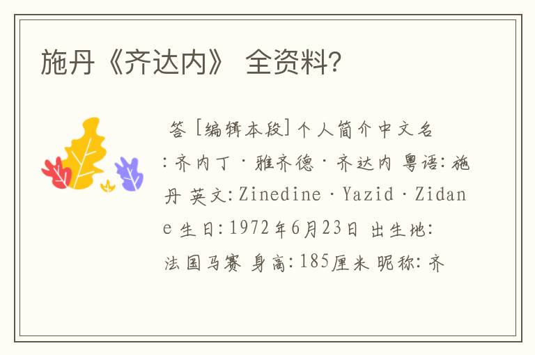 施丹《齐达内》 全资料?