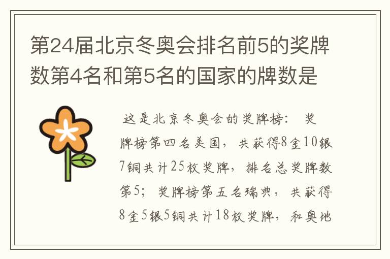 第24届北京冬奥会排名前5的奖牌数第4名和第5名的国家的牌数是多少?