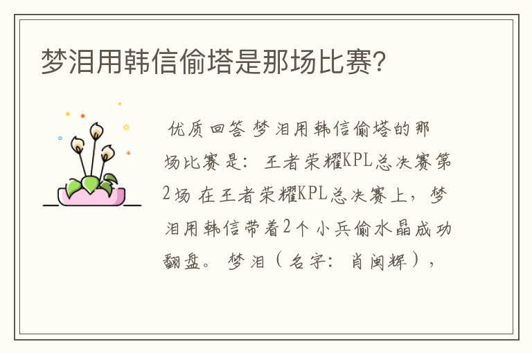 梦泪用韩信偷塔是那场比赛?