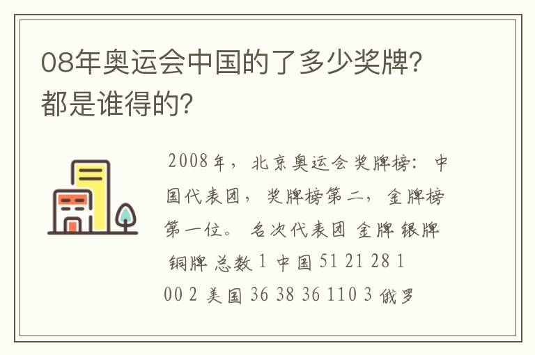 08年奥运会中国的了多少奖牌?都是谁得的?