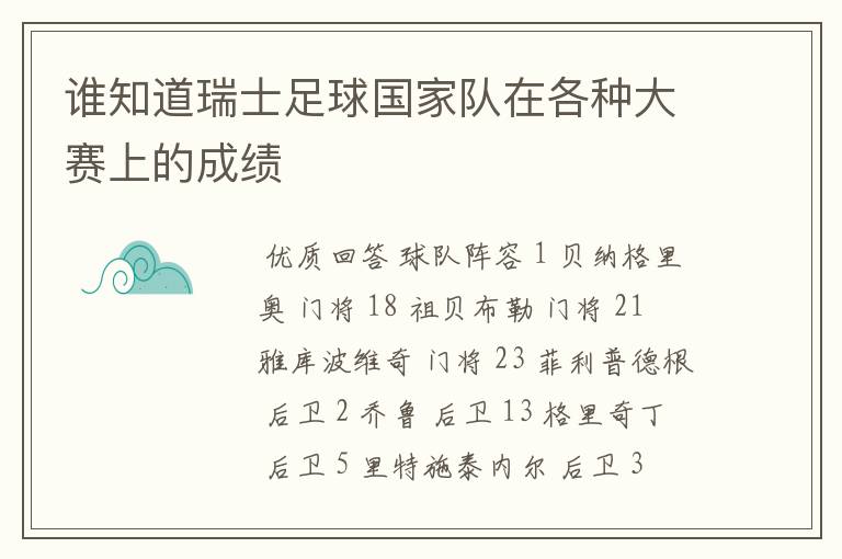 谁知道瑞士足球国家队在各种大赛上的成绩
