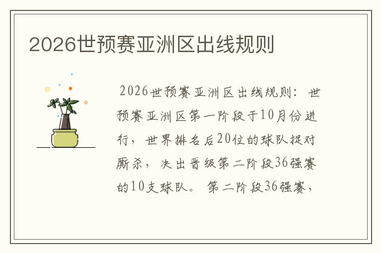 2026世预赛亚洲区出线规则