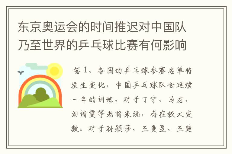 东京奥运会的时间推迟对中国队乃至世界的乒乓球比赛有何影响?