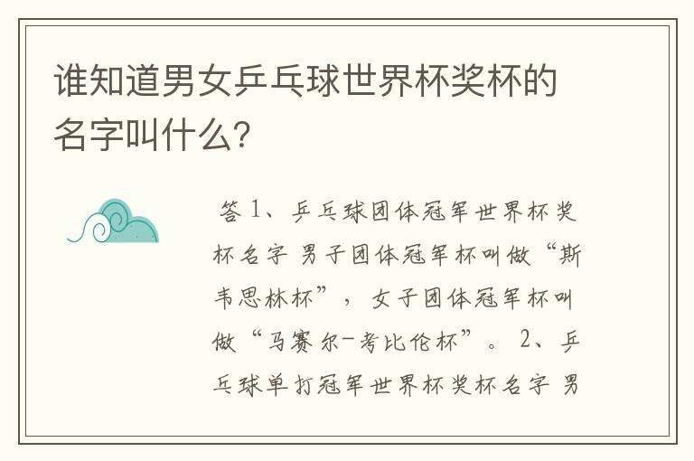 谁知道男女乒乓球世界杯奖杯的名字叫什么?
