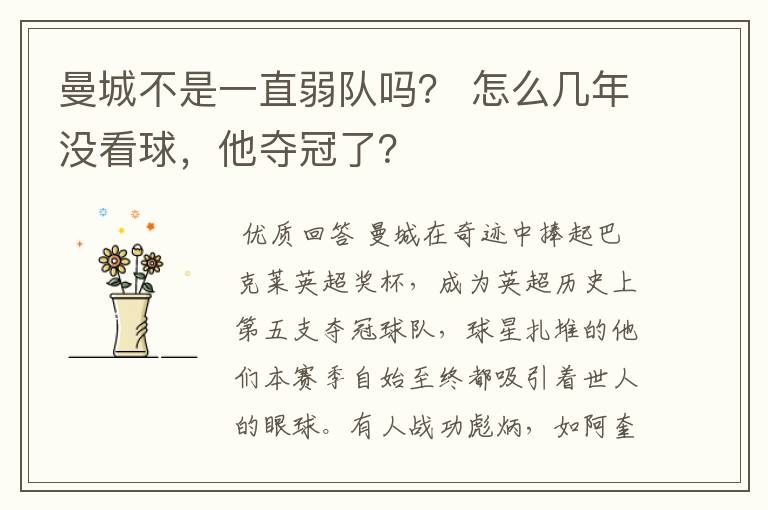 曼城不是一直弱队吗? 怎么几年没看球,他夺冠了?