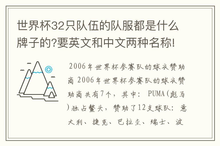 世界杯32只队伍的队服都是什么牌子的?要英文和中文两种名称!