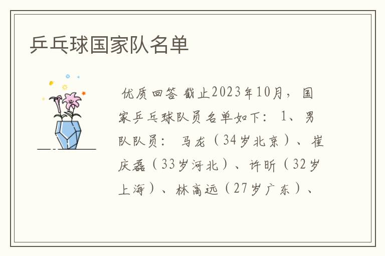 乒乓球国家队名单