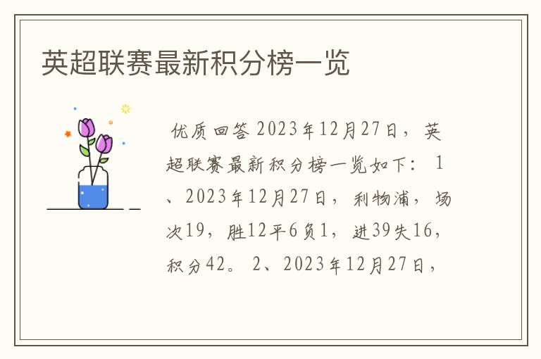 英超联赛最新积分榜一览