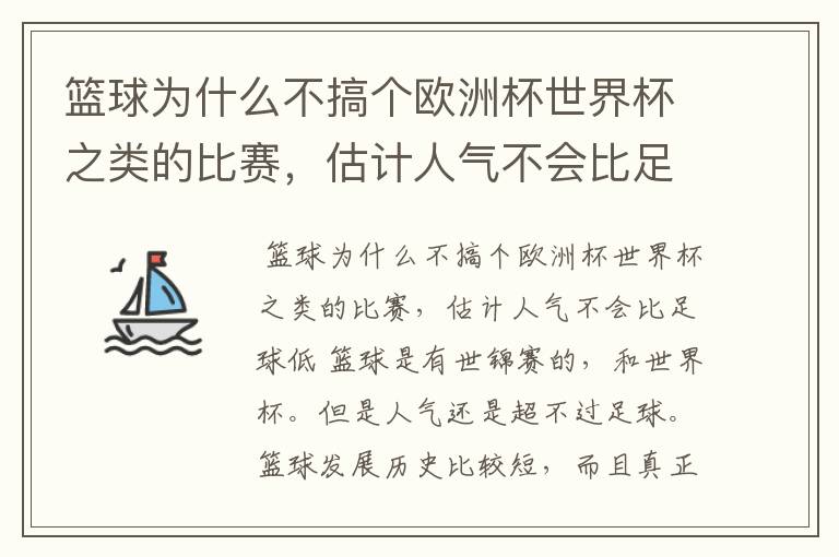 篮球为什么不搞个欧洲杯世界杯之类的比赛,估计人气不会比足球低