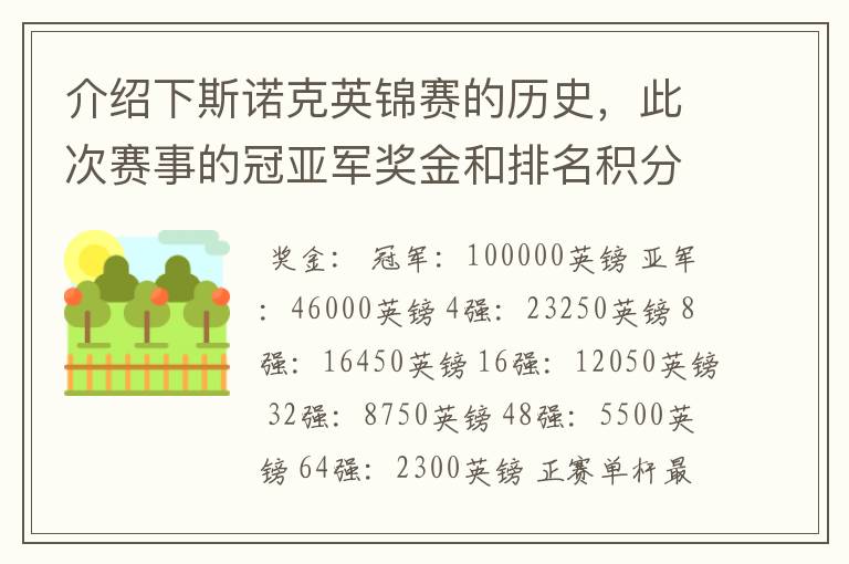 介绍下斯诺克英锦赛的历史,此次赛事的冠亚军奖金和排名积分各是多少?
