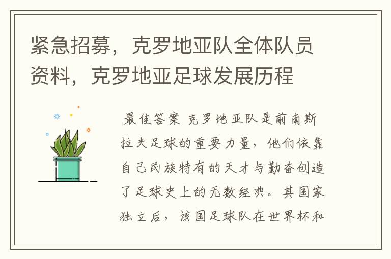 紧急招募,克罗地亚队全体队员资料,克罗地亚足球发展历程