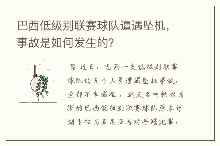 巴西低级别联赛球队遭遇坠机,事故是如何发生的?