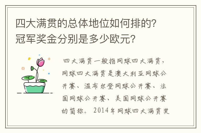四大满贯的总体地位如何排的?冠军奖金分别是多少欧元?