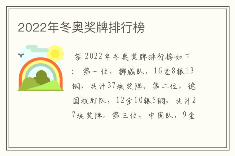 2022年冬奥奖牌排行榜