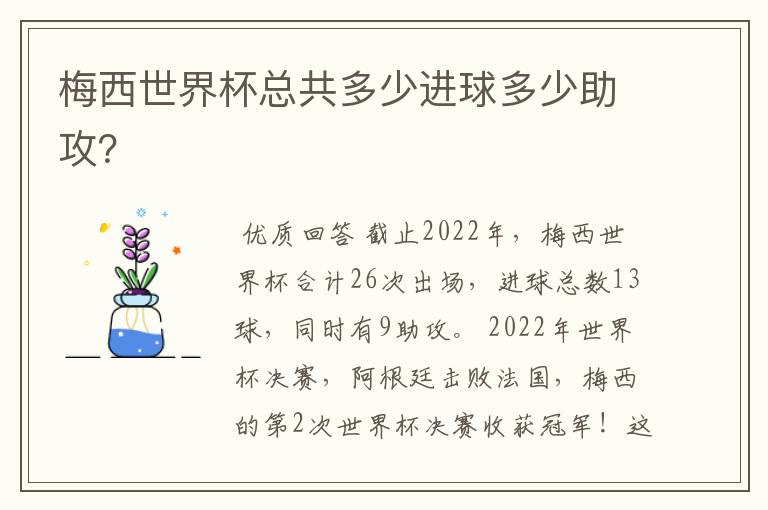 梅西世界杯总共多少进球多少助攻?