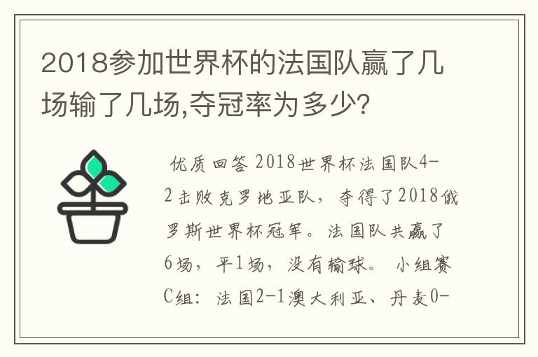 2018参加世界杯的法国队赢了几场输了几场,夺冠率为多少?