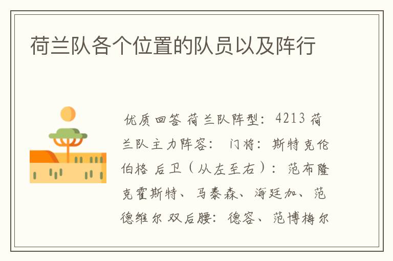 荷兰队各个位置的队员以及阵行