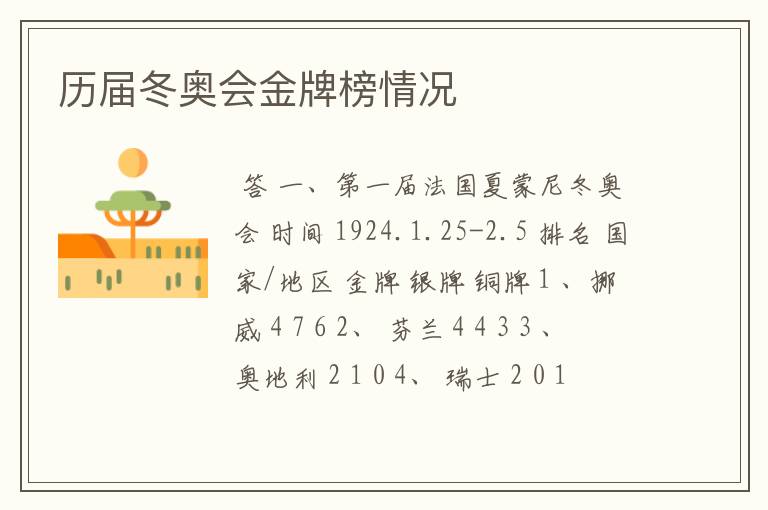 历届冬奥会金牌榜情况