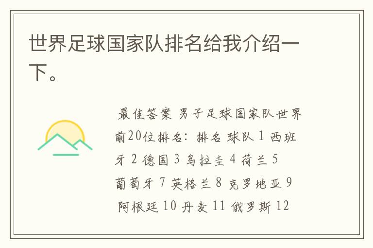 世界足球国家队排名给我介绍一下。
