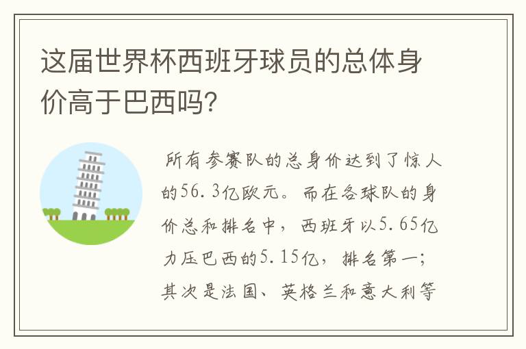 这届世界杯西班牙球员的总体身价高于巴西吗?