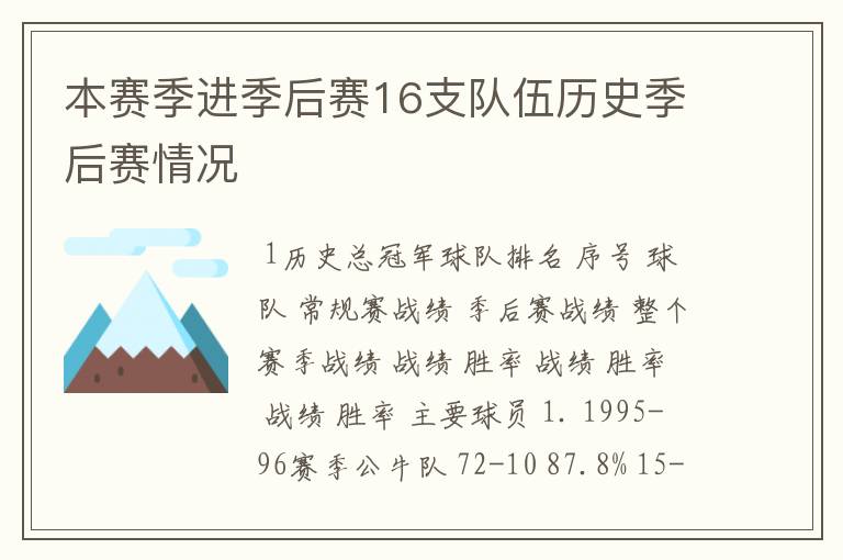 本赛季进季后赛16支队伍历史季后赛情况
