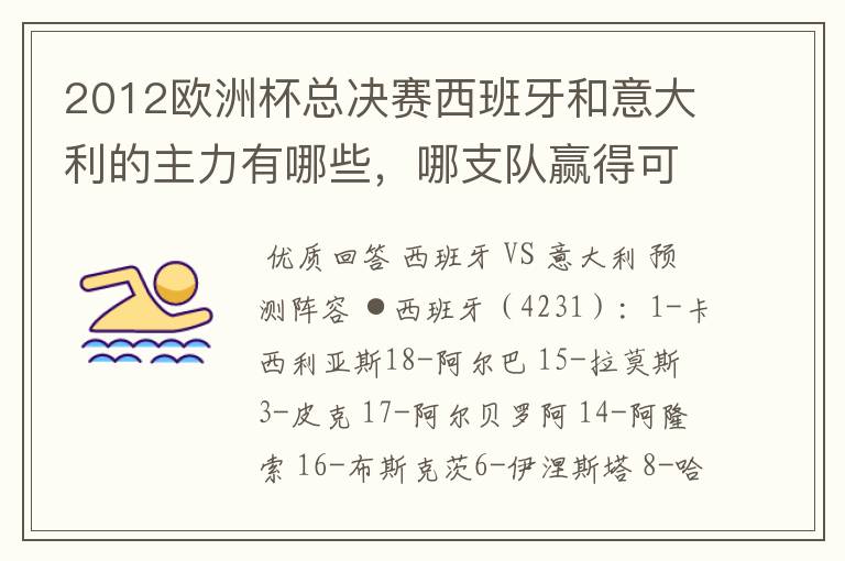 2012欧洲杯总决赛西班牙和意大利的主力有哪些,哪支队赢得可能性大些