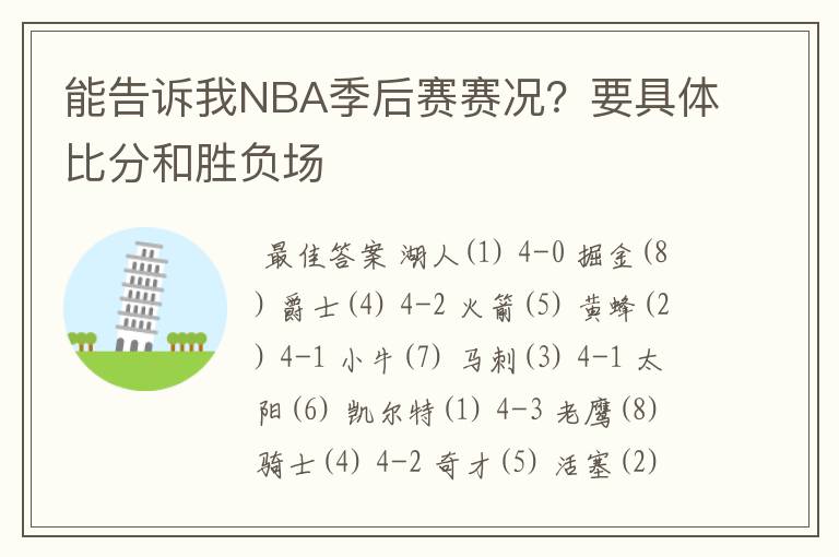能告诉我NBA季后赛赛况?要具体比分和胜负场