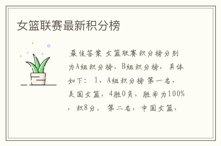 女篮联赛最新积分榜
