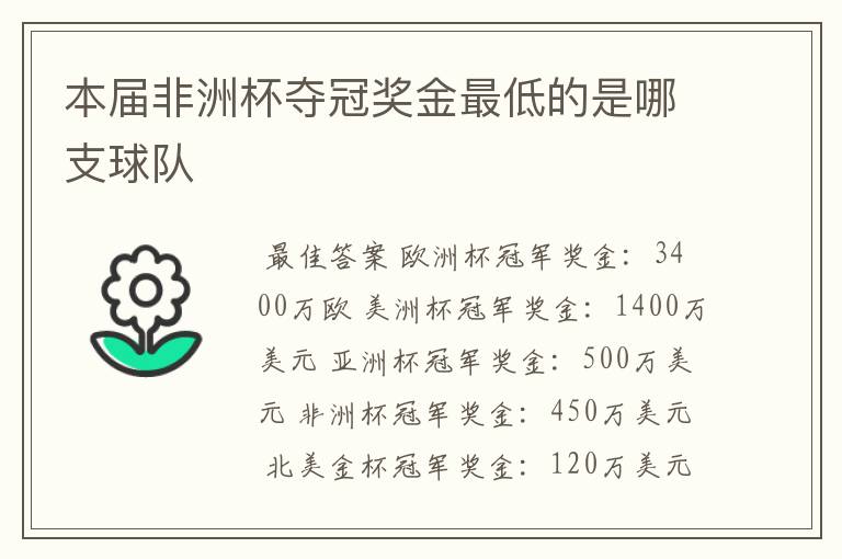 本届非洲杯夺冠奖金最低的是哪支球队