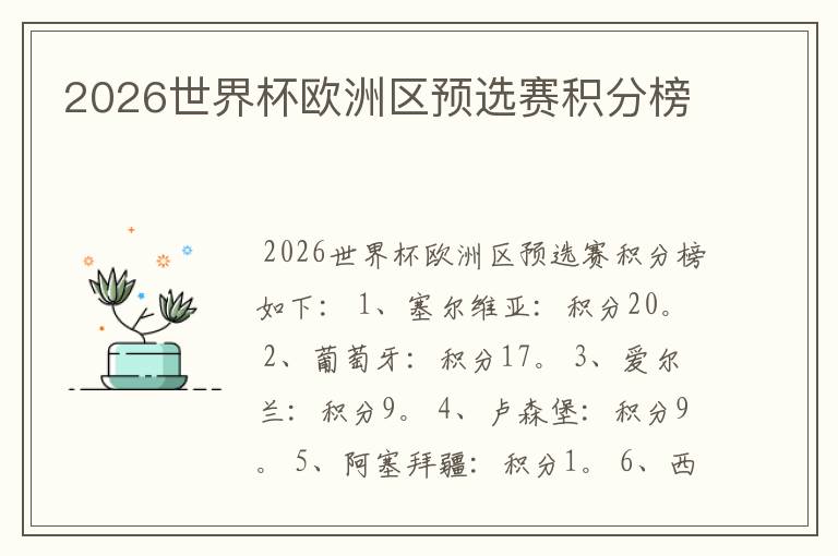 2026世界杯欧洲区预选赛积分榜