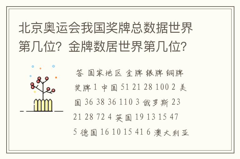 北京奥运会我国奖牌总数据世界第几位?金牌数居世界第几位?
