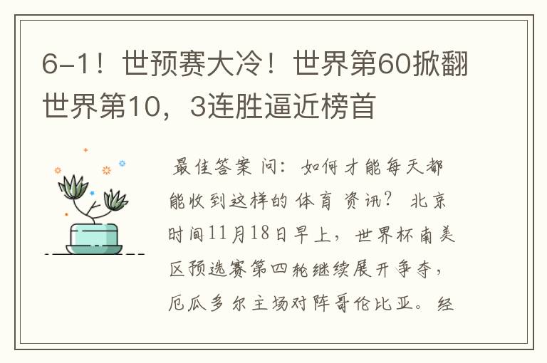 6-1!世预赛大冷!世界第60掀翻世界第10,3连胜逼近榜首